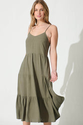 Khaki Linen Blend Midi Sundress for Women